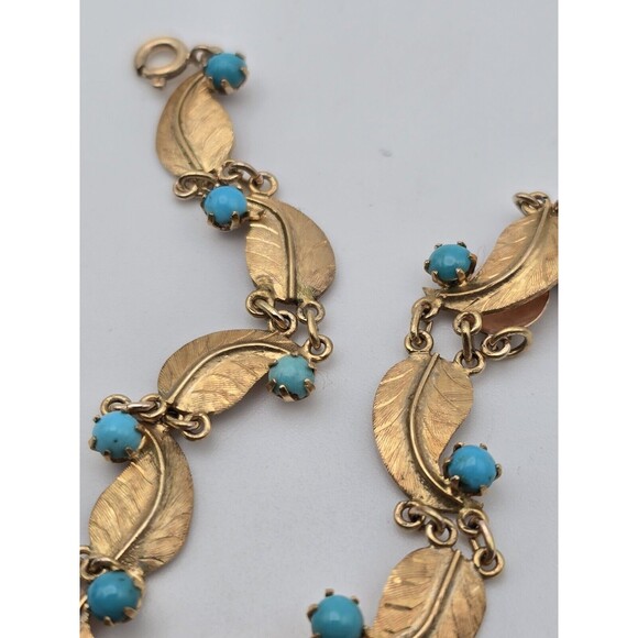 Vintage 14k Gold Leaf and Turquoise Bracelet – Elegant Handcrafted Design - Picture 4 of 6